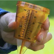 Photograph of hand holding an orange watering gauge