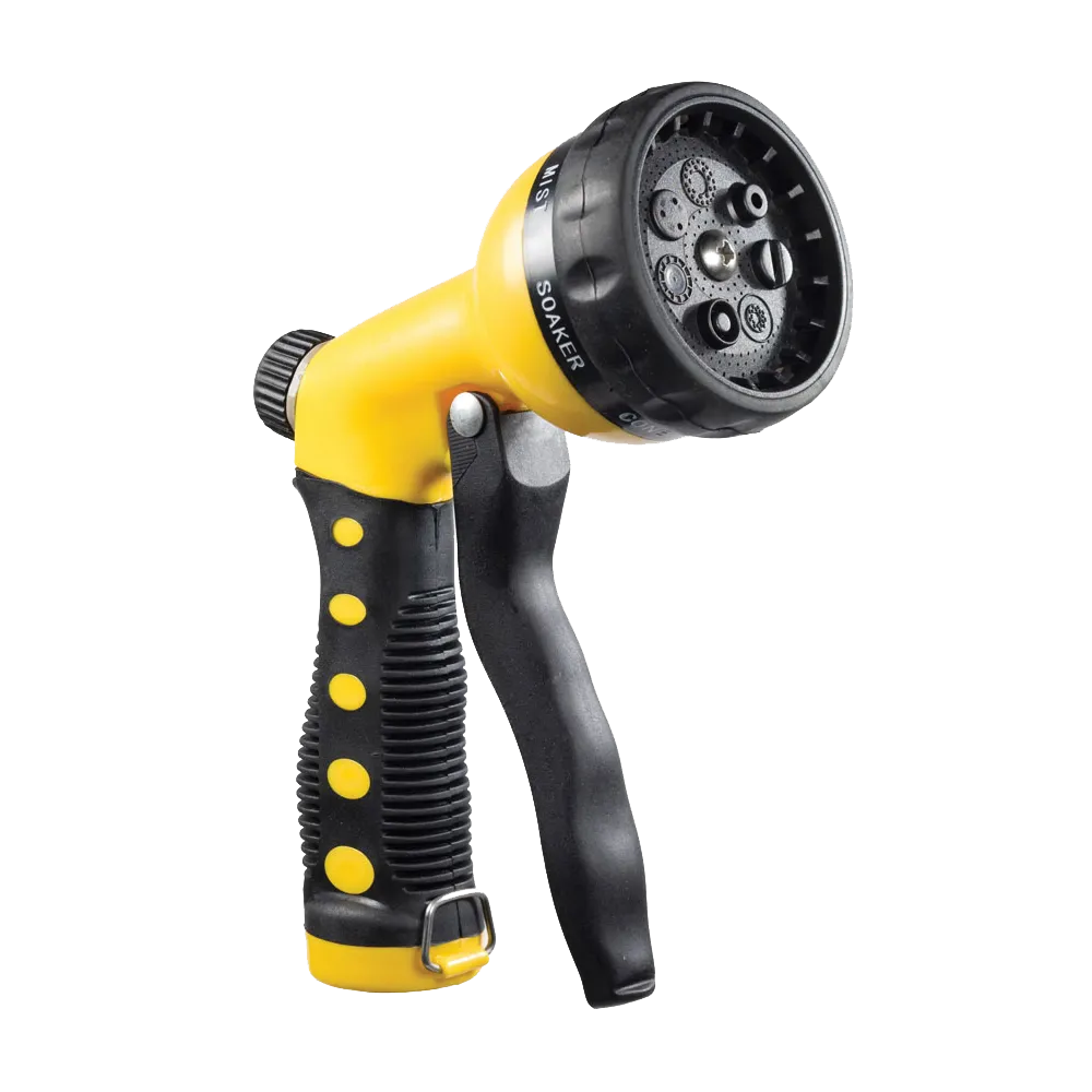 yellow and black water-efficient shut-off hose nozzle