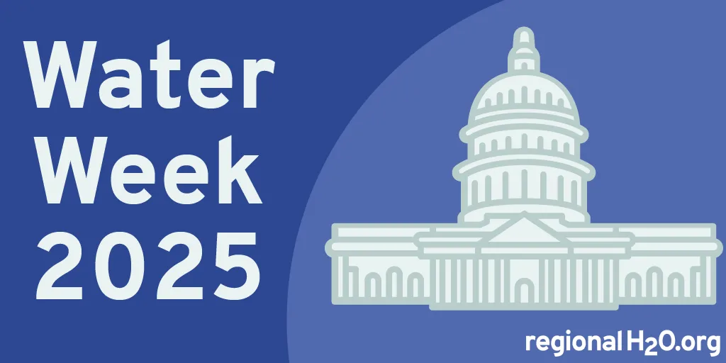 Illustration of the US Capitol next to text reading, “Water Week 2025” against a purple background