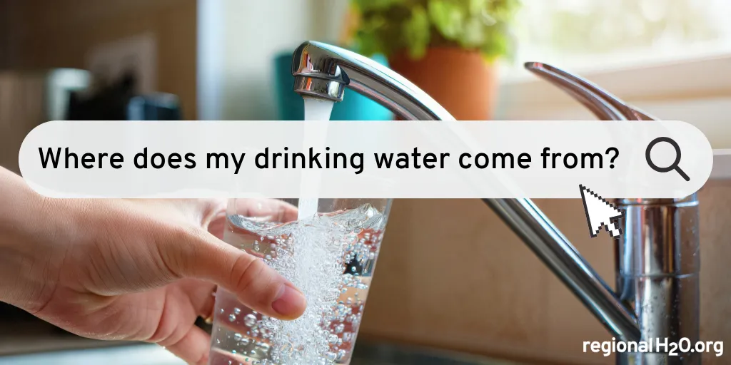 Photograph of a glass being filled at the kitchen sink with an illustrated search bar across the image reading, “Where does my drinking water come from?”