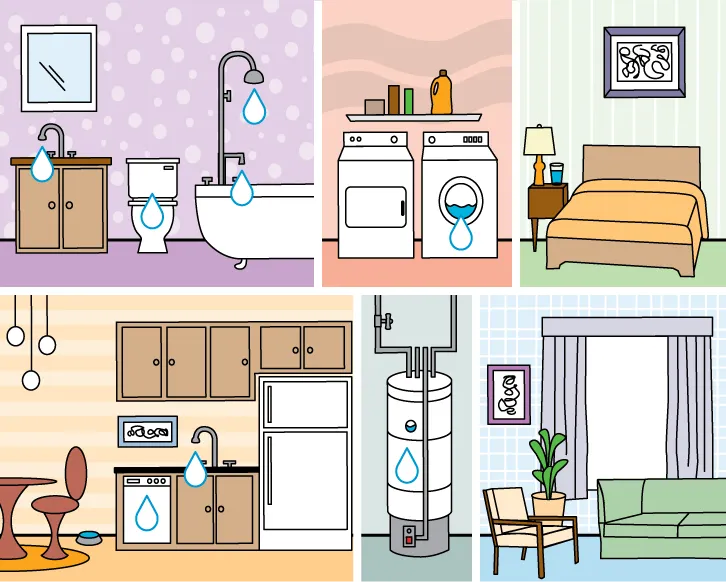 Illustration of a home with water droplets showing where common leaks can be found