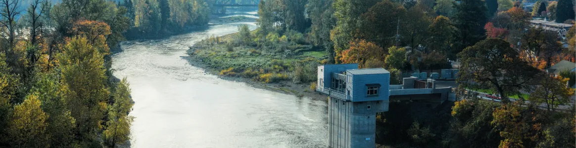 Aerial photograph of a raw water intake along the Clackamas River