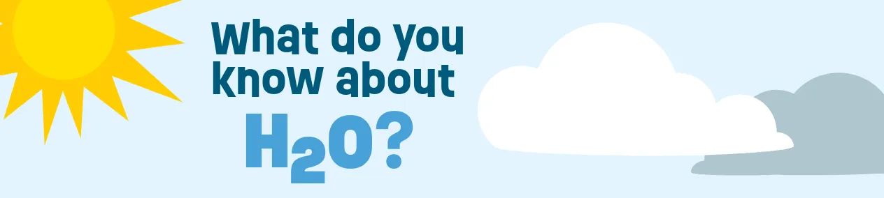 Illustration of sky with sun and clouds. Text reads, "What Do You Know About H2O?"